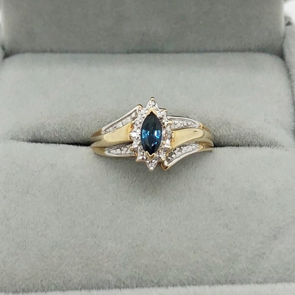 10k yellow gold blue sapphire and diamond chip vintage ring size 6.75 - Picture 2 of 9